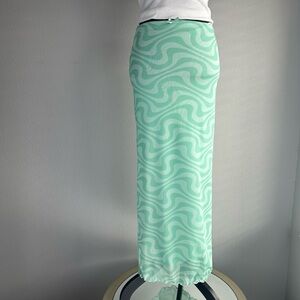 Urban Outfitters UO Green Wave Psychedelic Lettuce Hem Mesh Stretch Skirt Sz XS